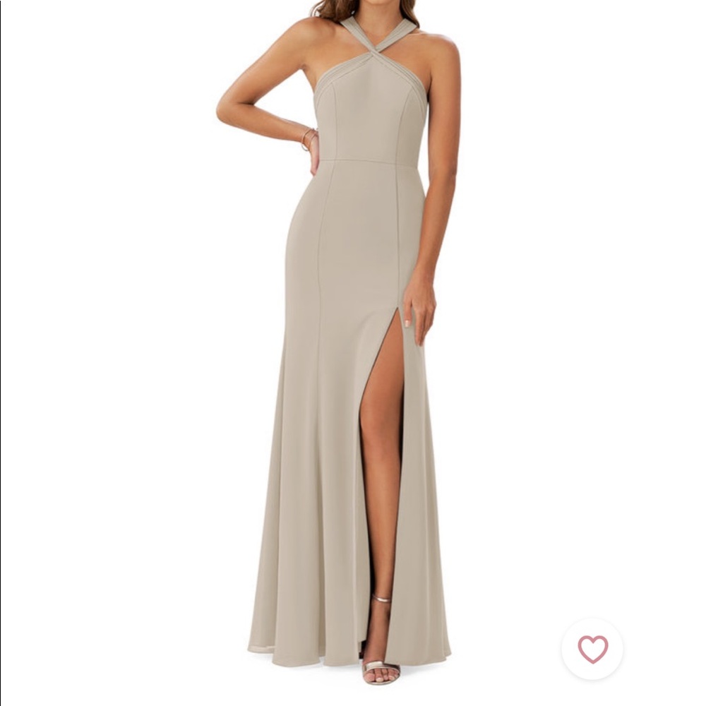 Azazie Taupe High Neck Leg Slit Bridesmaids Dress Size 2